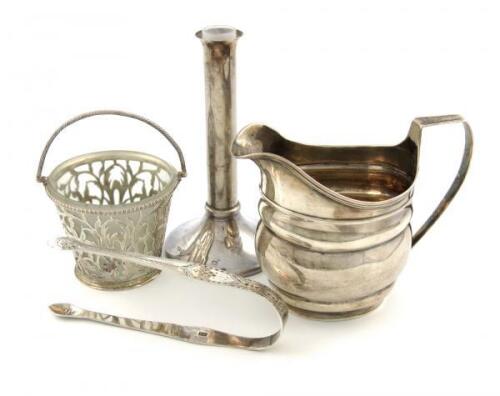 A mixed lot of silver items, comprising: a George III swing-handled cream pail, London 1788, tapering circular form, pierced and engraved with birds and foliate decoration, frosted glass liner, plus a George III cream jug, London 1805, a pair of sugar ton