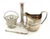 A mixed lot of silver items, comprising: a George III swing-handled cream pail, London 1788, tapering circular form, pierced and engraved with birds and foliate decoration, frosted glass liner, plus a George III cream jug, London 1805, a pair of sugar ton