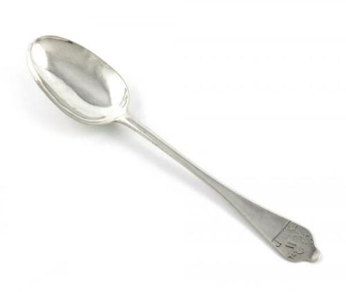 A Queen Anne silver Dog-nose basting spoon, by Thomas Burridge, marks worn, possibly London 1706, the oval bowl with a plain rat-tail, the reverse of the terminal with scratch initials 'A.W', the front inscribed 'Ex. Dono A.W to W.P', length 27cm, approx