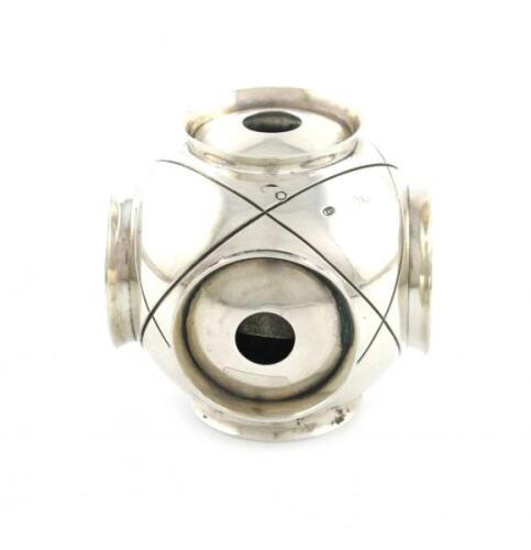 A Victorian novelty silver 'diver's helmet' inkwell, by E. H. Stockwell, London 1890, retailed by Percy Edwards and Co, also marked with a registration number, with six faces, the internal inkwell on a gimble, height 6.8cm.