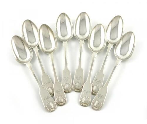 An early 19th century set of eight Scottish provincial silver Fiddle and Shell pattern teaspoons, by David Greig, Perth circa 1830, the terminals with script initials, approx. weight 5oz. (8)