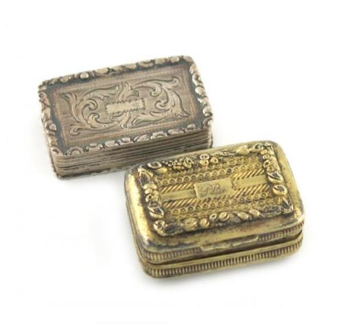 A George III silver-gilt vinaigrette, by John Linwood, Birmingham 1812, rectangular form, foliate borders and engine-turned decoration, the interior with a pierced foliate scroll grille, plus a Victoria silver vinaigrette by Joseph Willmore, Birmingham 18