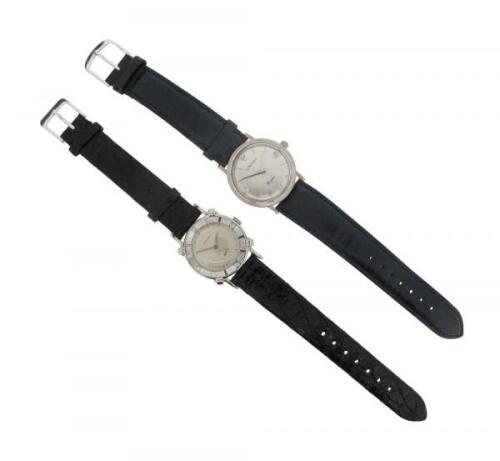 A white gold Cosmo wristwatch by Longines, signed silver dial with diamond markers, automatic movement, leather band, with another Longines wristwatch, the signed dial with subsidiary seconds dial, and baton numerals, diamonds-set to the white gold case, 