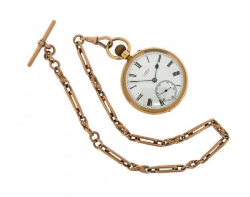A gold open faced pocket watch by T. Ganter, London, signed white dial with Roman numerals and subsidiary seconds dial, stem wind, on 9ct gold watch chain