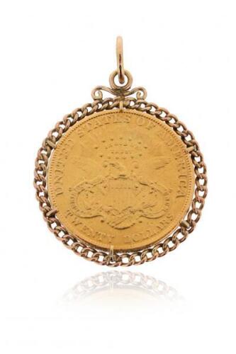 A gold US $20 coin pendant, in gold curb-link surround, 38g
