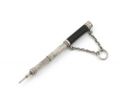 A Victorian novelty silver pencil, by S. Mordan and Co., also marked with a registration lozenge for 1868, modelled as a telescope, leather mount, with a chain and ring attachment, length closed 6cm. Provenance: The KB Collection of Pencils. Illustrated 