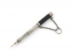 A Victorian novelty silver pencil, by S. Mordan and Co., also marked with a registration lozenge for 1868, modelled as a telescope, leather mount, with a chain and ring attachment, length closed 6cm. Provenance: The KB Collection of Pencils. Illustrated 