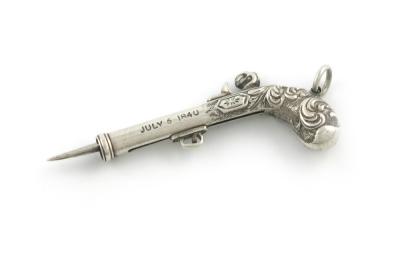 An early-Victorian novelty silver toothpick, by S. Mordan, engraved July 6, 1840. modelled as a pistol, the butt with feather scroll decoration, with a ring attachment, length closed 4cm. Provenance: The KB Collection of Pencils. Illustrated in Bull, K.,